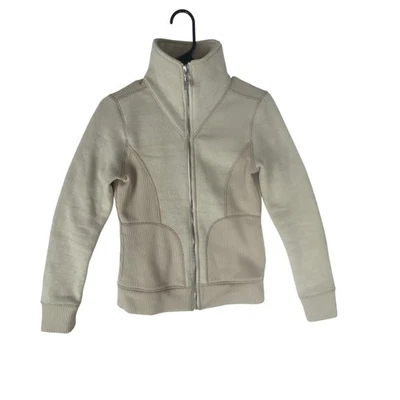 Chaqueta prAna Mujer Pequeña Beige Cremallera Completa Cuello Simulado Tejido Paneles Acanalados Bolsillos Foto 1 de 4