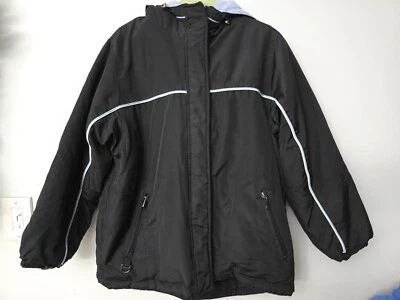 Fashion Bug Women’s Size 8 Winter Coat Hooded Black Blue Stripe  - Image 1 of 4