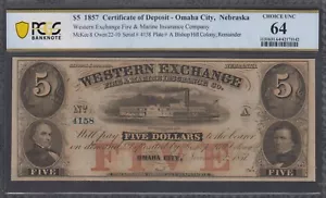 Pfandzertifikat - Omaha, Nebraska 1857 5$ PCGS 64 UNC - Bild 1 von 2