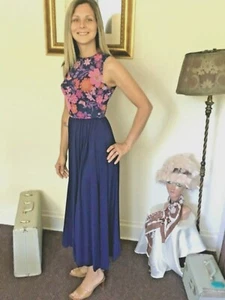 70's Vintage Blue Retro Orange Pink Floral Sleeveless Maxi Dress Bolero Set - Picture 1 of 9