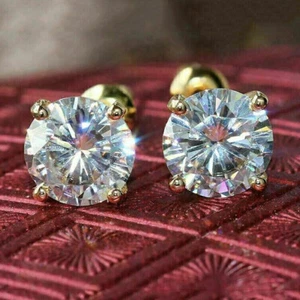 3Ct Round Cut VVS1 Diamond Beautiful Women Stud Earrings 14K Yellow Gold Finish - Picture 1 of 4