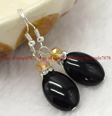 Natural 13x18mm Black Agate Oval Gemstone Beads 925 Silver Hook Dangle Earrings - Image 1 of 4