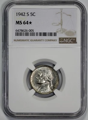1942-S Jefferson 5c Nickel NGC MS 64* Looks Fully Proof Like - Image 1 of 4