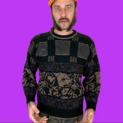 Suéter pequeño Cosby vintage años 80 abstracto negro marrón con detalles de cuero Foto 1 de 4