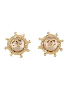 Chanel Gold-tone Strass Faux Pearl Interlocking CC Stud Earrings Crystal - Picture 1 of 19