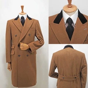 Wool Blend Men Coats Suits Long Overcoats Double Breasted Peak Lapel Business - Picture 1 of 13