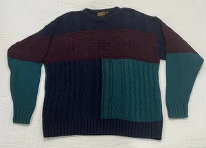 EDDIE BAUER Vintage Sweater Mens XL Tall Colorblock Cable Knit Fishermen Cotton - Picture 1 of 5