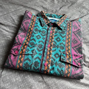 Vintage Wrangler Mens Brushpopper Aztec Western Shirt Size XL 17-17.5 Striped - Picture 1 of 9