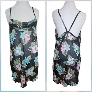 VTG Sheer Slip Dress Negligee Coverup Hawaiian Tropical Black Cowlneck Sz L - Picture 1 of 8