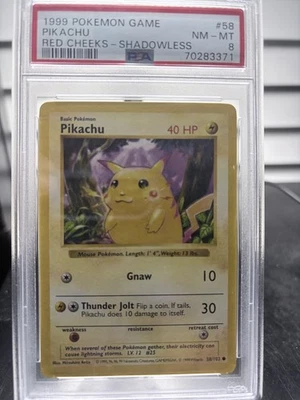 RARE** 1999 Pokemon TCG Game Pikachu Red Cheeks Shadowless #58 PSA 8 - Image 1 of 3