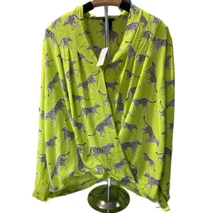 Ann Taylor Wickelbluse XL Neon mit Geparden Neu mit Etikett 15077 - Bild 1 von 6