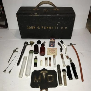 Early 1900s Antique Wooden M.D. Medical Box, Inhaler, Vials, Bottles, Tools - Picture 1 of 24