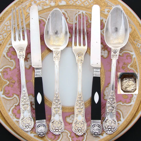 Antique French Sterling Silver 6pc Flatware Set, 3pc Setting for Two, Seashells Cover