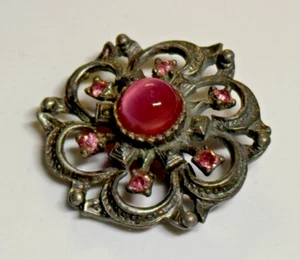 Vintage Brooch Pink Crystal Rhinestone Silver Tone Pin Lapel Pot Metal - Picture 1 of 14