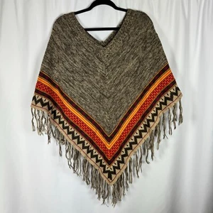 NY Collection Southwestern Poncho Fringe Boho Aztec Fall Autumn Pumpkin Pick S/M - Picture 1 of 7