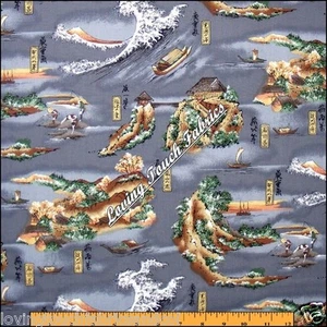 2002 KONA BAY ASIAN ISLANDS WRITING SCENIC GRAY FABRIC 1/2 YD (18"X44") KF-588 - Picture 1 of 2
