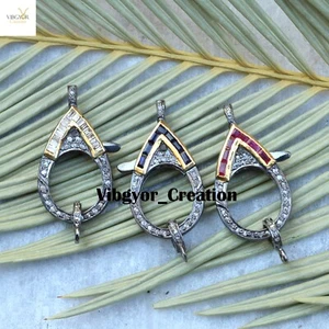 Pave Diamond Lobster Clasp 925 Silver Gemstone Baguette Finding Lock Jewelry - Picture 1 of 9
