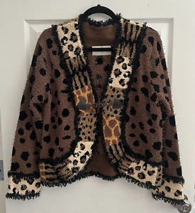 DESIGN OPTIONS BY PHILIP & JANE GORDON Fringe Terry Leopard Sweater Cardigan M - Picture 1 of 10