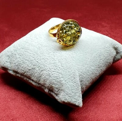 Baltic Amber Ring-Green-925 Sterling Silver-14k Gold Plated-M UK- 6 1/2 US Size - Image 1 of 4