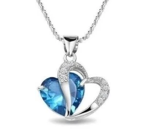 Women’s Silver Plated Necklace & Pendant Blue Double Hearts Crystal Gemstone Ame - Picture 1 of 4