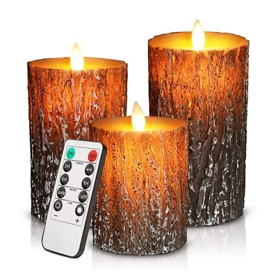 Flammenlose 3 LED Kerzen Pine Bark Cover Säule Birkeneffekt Echtwachs Flacker... - Bild 1 von 4