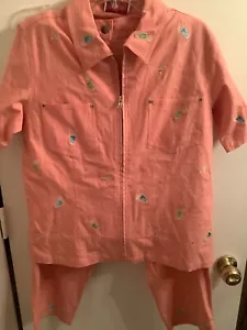 Quacker Factory M Peach 2 Piece Zip Top Shirt Pants Outfit Linen - Picture 1 of 5