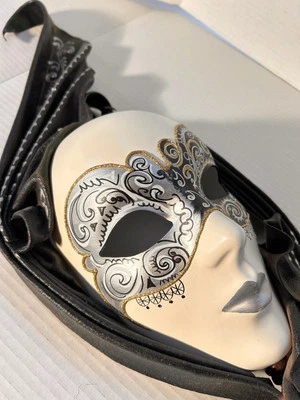 Beautiful Rare Hand Painted Masquerade Mask w Wood Handle 28x8” Full Face Mask - Image 1 of 4