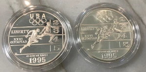 2 silver Dollar coins 1995 P D Olympic Atlanta Proof & Reg runner commemorative - Picture 1 of 2