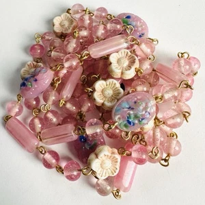 VTG Petal Pink Art Glass End Of Day Pastel Molded LONG Necklace Confetti - Picture 1 of 8