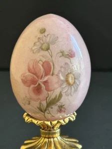 Vtg Genuine Pink Alabaster Egg Hand Carved Hand Painted Flower Made in Italy - Picture 1 of 14