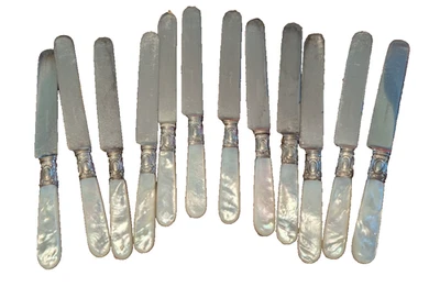 12pc Sterling Silver & Mother of Pearl Knives Rogers Bros Antique Sterling Bands - Image 1 of 4