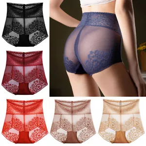 Women Sheer High Waist Panties Briefs Lace Sexy Seamless Underwear Knickers - Picture 1 of 26