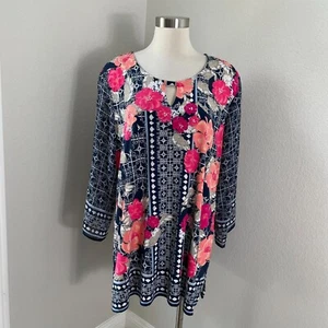 JM Collection Woman Plus 3X Floral Tunic Top Keyhole Neck Long Sleeve Shirt - Picture 1 of 13