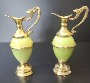 More details for pair of faux calcite onyx marble &amp; metal dragon handled ewers jugs pitchers urns