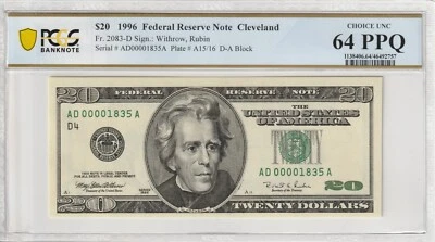 $20 1996 FRN Fr# 2083-D ADA Block PCGS Gem UNC 64 PPQ Cleveland Low Serial # - Image 1 of 2
