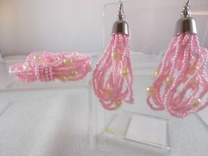 Pink Glass Seed Bead Expansion Bracelet Wire Hook Dangle Earrings Set Ships Free