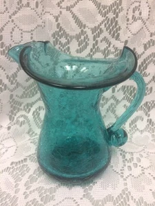 Jarra/jarrón/jarra 4 3/4 ” azul soplado a mano "Crackle Glass" con mango  - Imagen 1 de 7
