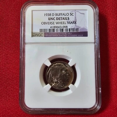 1938 D 5c Buffalo Nickel NGC Obverse Wheel Mark & Reverse Color - Image 1 of 2