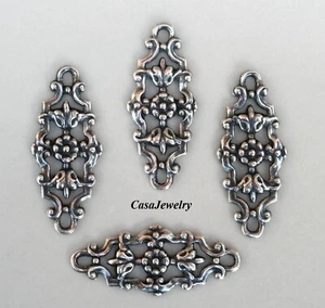 #1118 ANTIQUED STERLING SILVER PLATED OPEN FILIGREE 2-RING CONNECTOR - 4 Pcs - Picture 1 of 2