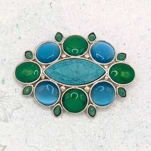 Vintage Brosche LC Liz Claiborne Uranglas Blau Grüne Cabochons Silberfarben Ton - Bild 1 von 8