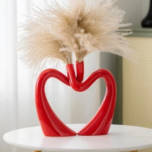 Red Hollow Ceramic Vases for Home Decor, Love Heart Snuggle Vase Set of 2 - Picture 1 of 6