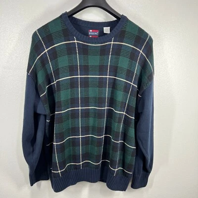Vtg. Bugle Boy Classics Plaid Cotton Sweater XL Crew Neck Pullover Green Blue - Image 1 of 4