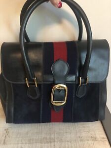   Gucci 1960er Jahre große Leder marineblau Top Griff Handtasche Sherry gestreift GHW