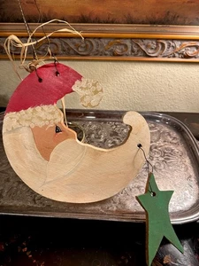 Holz WEIHNACHTSMANN Kopf - Bestand geformt / handbemalt - mit hängendem Stern - Hänge mich 🎅 - Bild 1 von 10