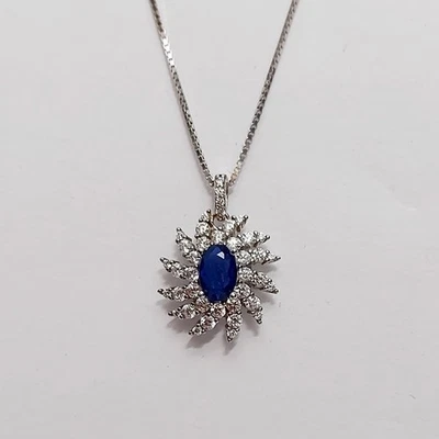 Collana Argento 925 Donna Ciondolo Pendente Gioiello Pietra Blu Zaffiro  Zirconi - Immagine 1 di 4