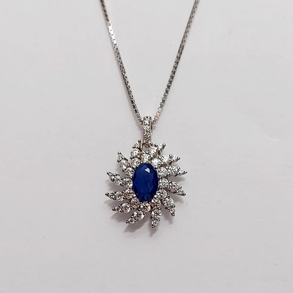 Collana Argento 925 Donna Ciondolo Pendente Gioiello Pietra Blu Zaffiro  Zirconi - Immagine 1 di 4