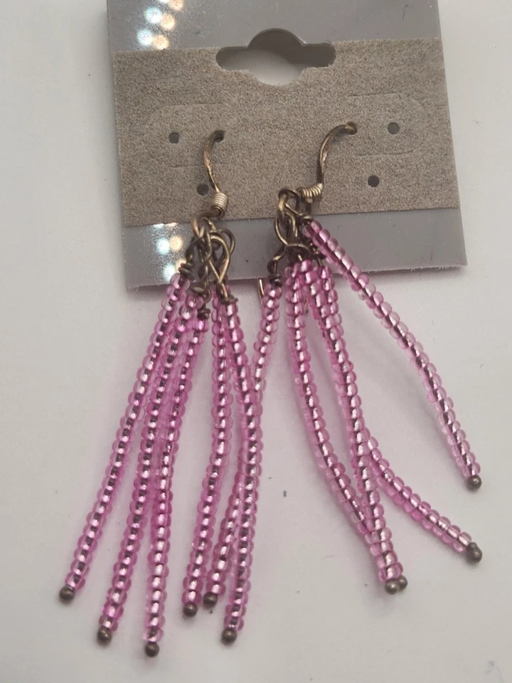 Y2K Pink Beaded Tassel Earrings Sterling Silver 925 Hooks Vintage Boho Festival - Image 1 of 4