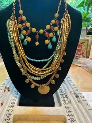 Stella & Dot Statement Necklace Multi Strand Bib Gold Tone Blue Turquoise Pink - Image 1 of 4