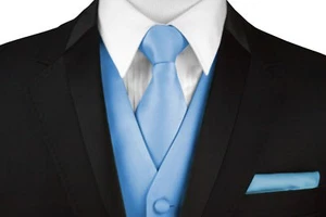 Men's Cornflower Satin Formal Dress Tuxedo Vest, Tie & Hankie Set. Wedding, Prom - Picture 1 of 5