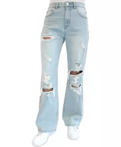 Almost Famous Women's Juniors' Ripped 90s Wide Leg Jeans (5, Light Wash) - Picture 1 of 2